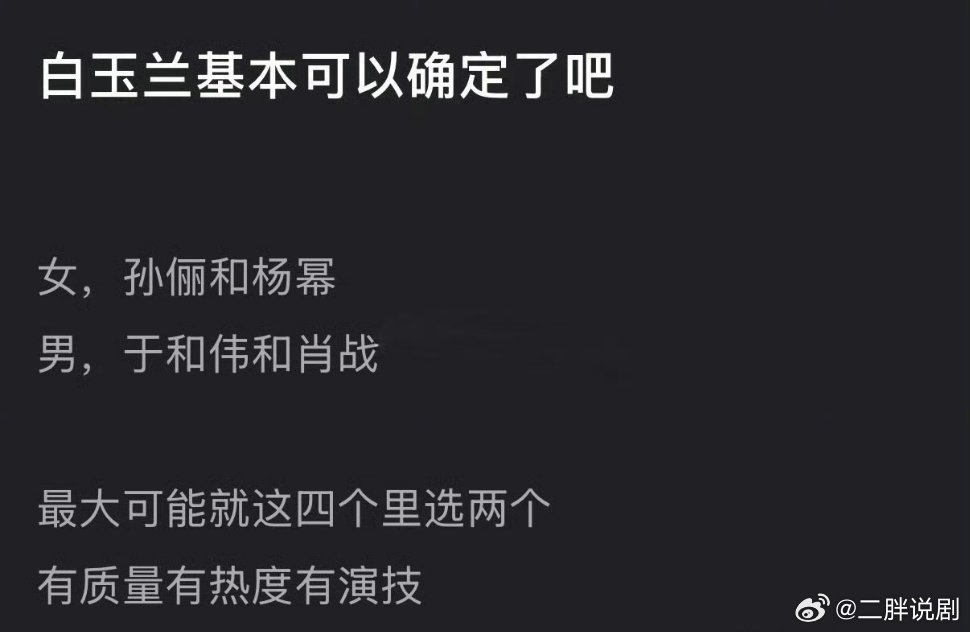 网友2026白玉兰预测，你认同吗？女：杨幂/孙俪男：肖战/于和伟 