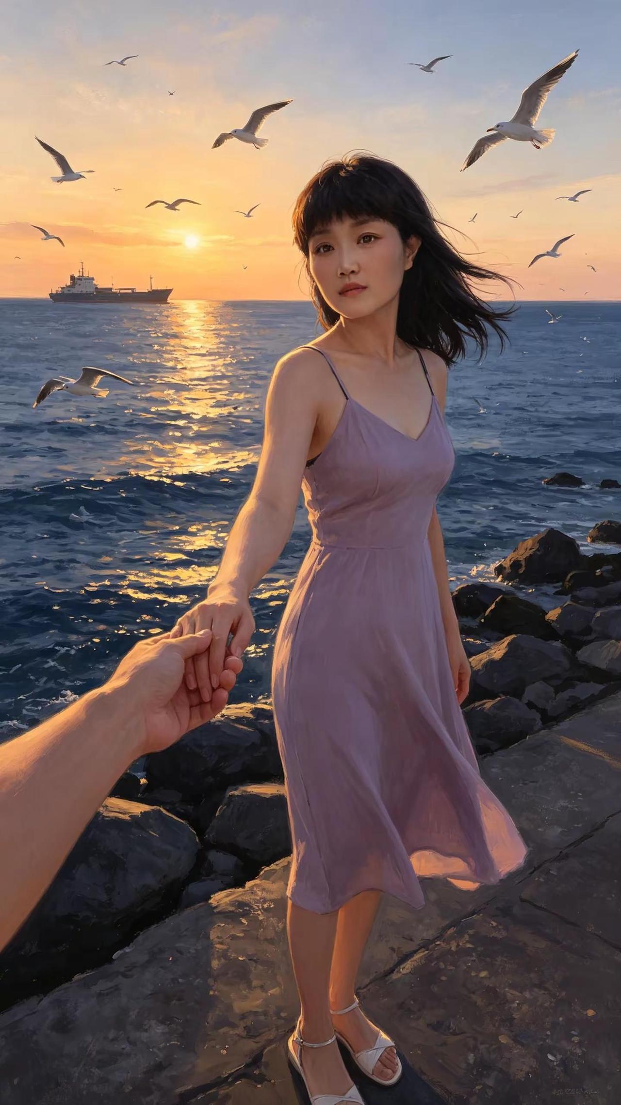AI海边黄昏人像 ai创作 玩法合伙人计划