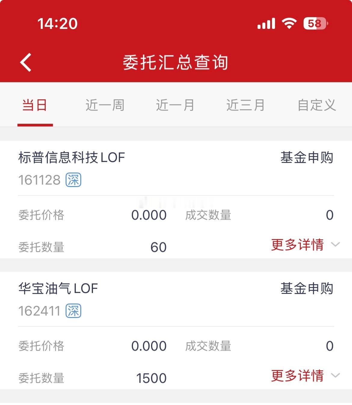 基金套利 两只，1、标普信息科技溢价率3%，10*6。2、华宝油气溢价率2%，5