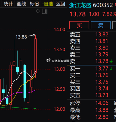 化工周期板块回暖走强，$浙江龙盛 sh600352$ 放量冲高，现价13.78元