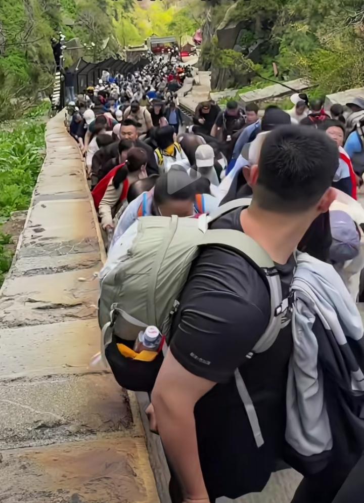 五一爬泰山的家人们谁懂啊！
今天4月29日爬泰山的游客就已经人山人海，红门到十八