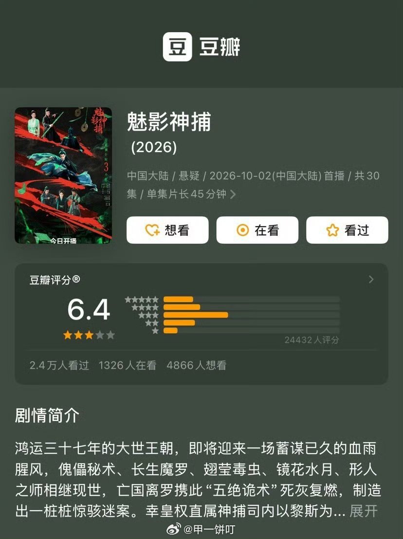 罗云熙、方逸伦、沈羽洁《魅影神捕》豆瓣开分6.4（按姓氏笔画排序） ​​​