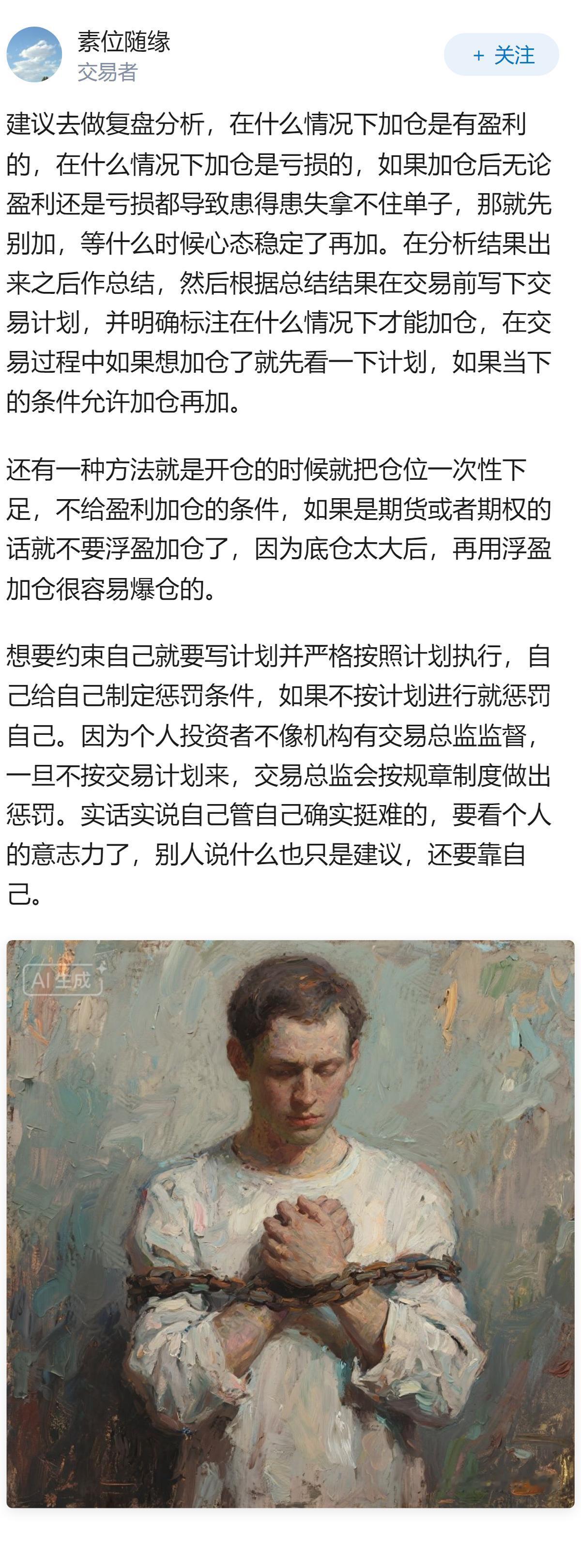 盈利加仓容易上头，是否有什么客观的方法能够约束自己，做到交易的一致性？