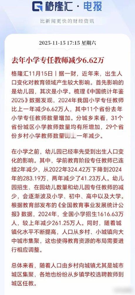人口变化的冲击波真的杀疯了！2024年幼儿园新招生才971万，而今年小学新生还有