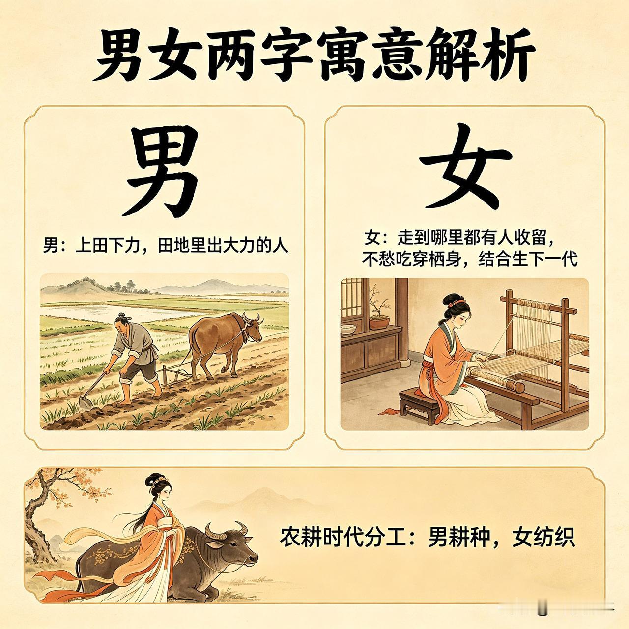 男女两字的寓意

“男”字形体上分析：上田下力，即在田地里出大力的人。农耕时代早