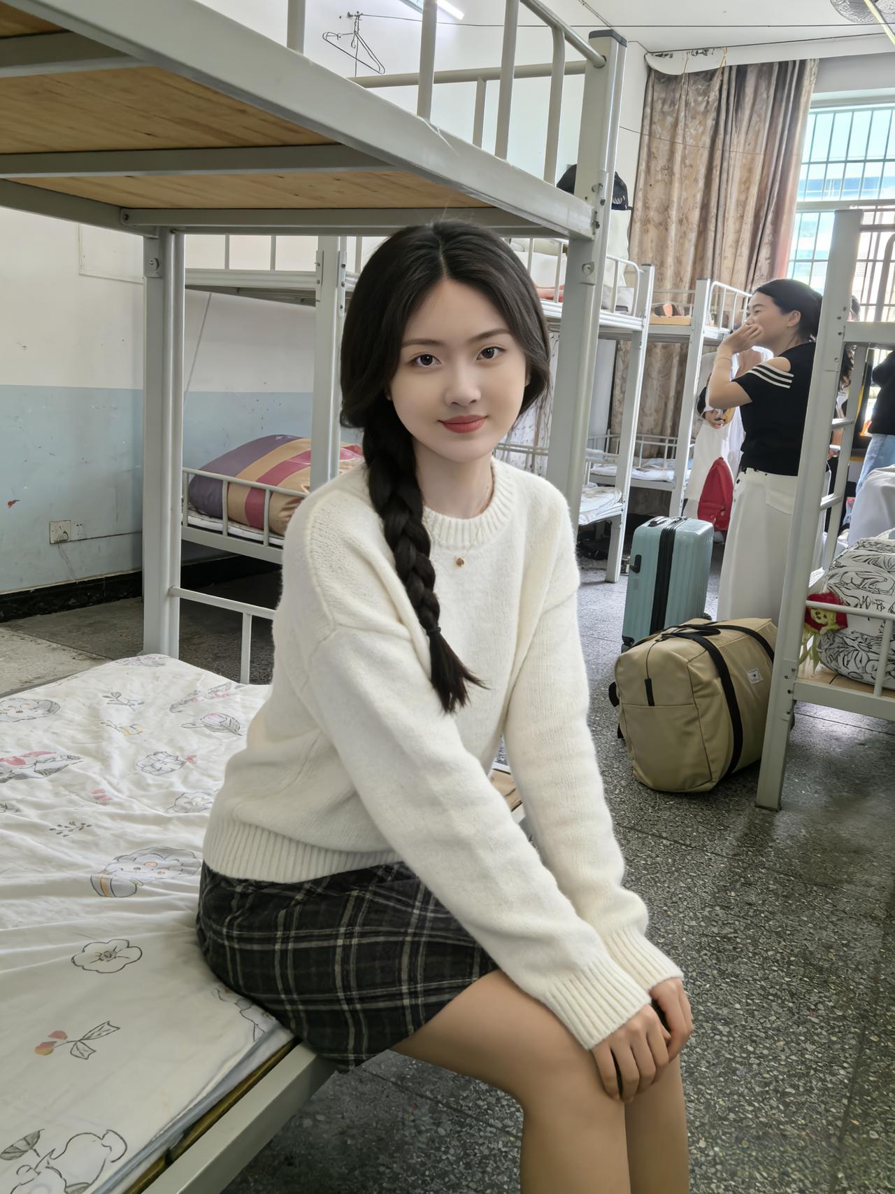 寒窗铁架映晨光，少女凝妆坐榻旁。
白氅轻笼云影薄，青裙细叠锦纹长。
双鬟垂辫拖春