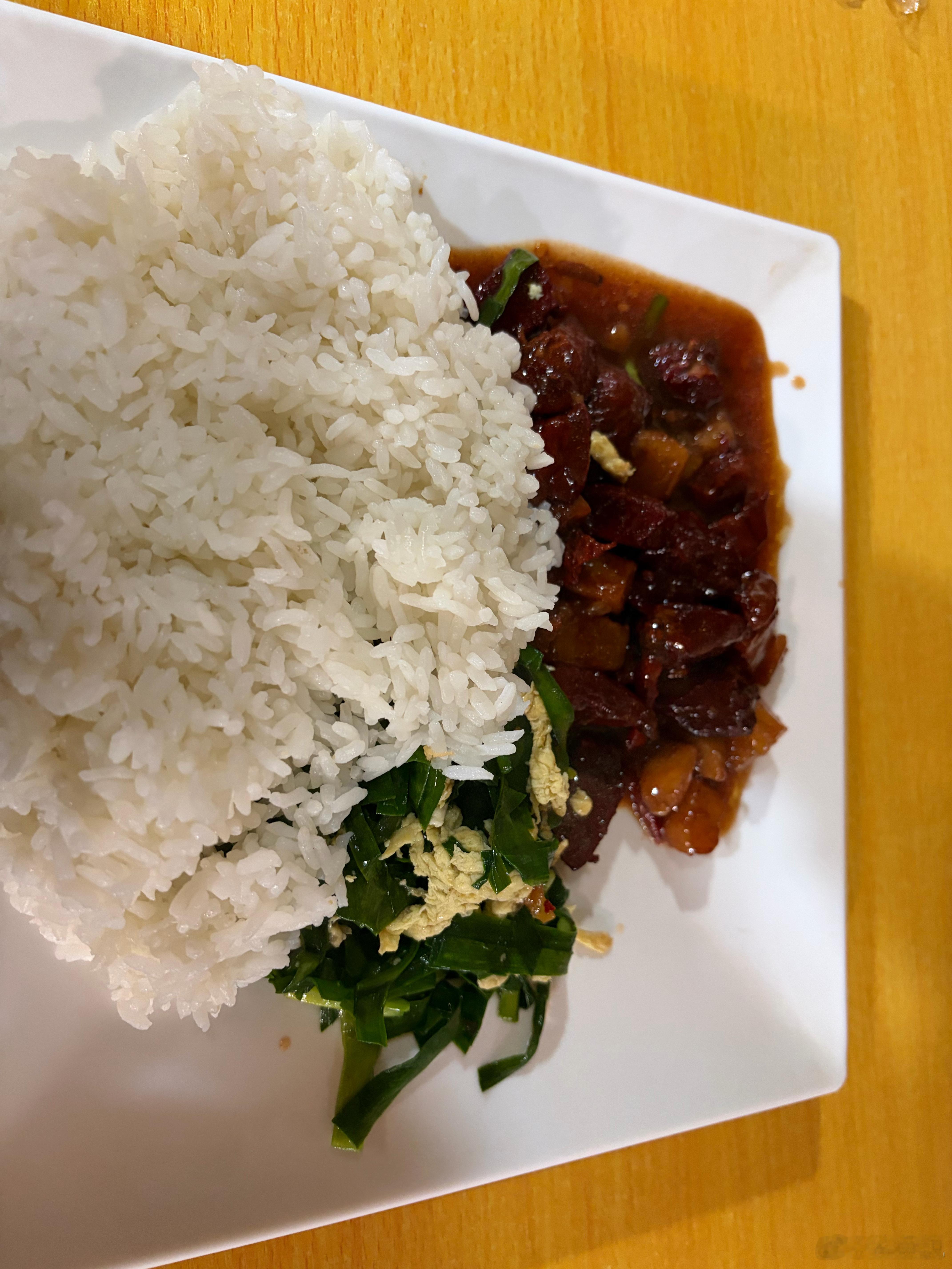 中午吃的饭菜，韭菜炒鸡蛋，一个红烧肉，韭菜太老了嚼不动，红烧肉没毛病。鲨鱼的日常
