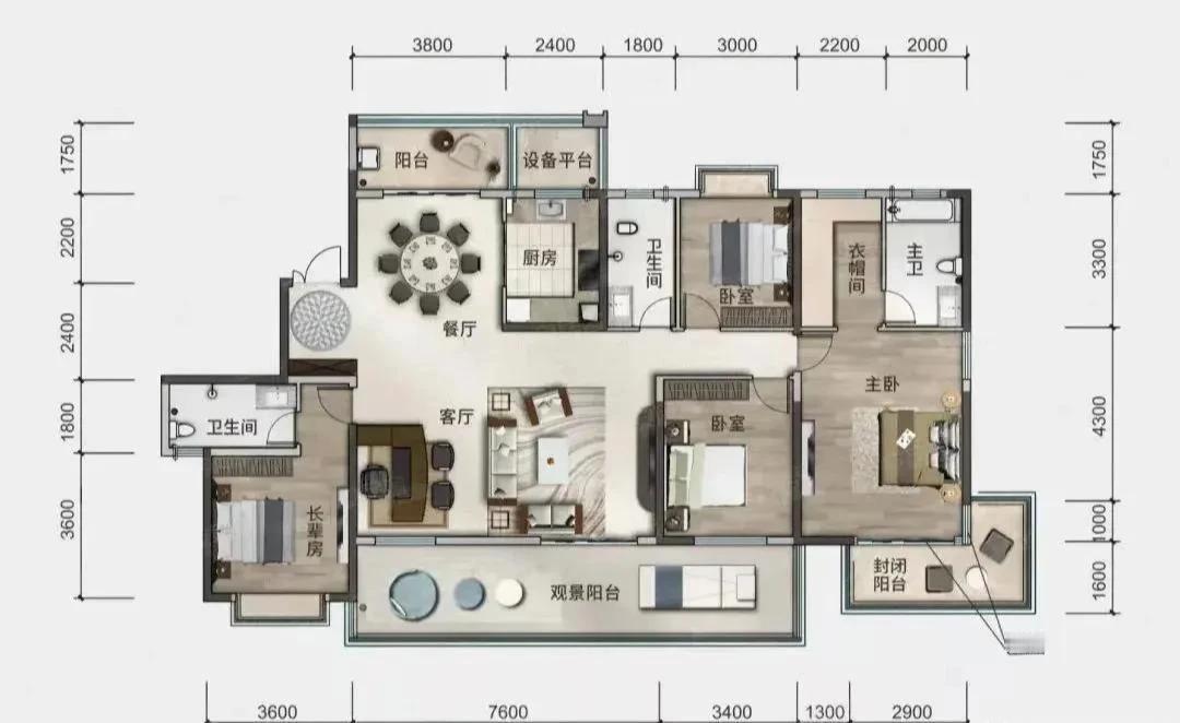 227.98平米的房子，四个华丽的卧室，当然了，它还设计了大横厅，南向的阳台直接