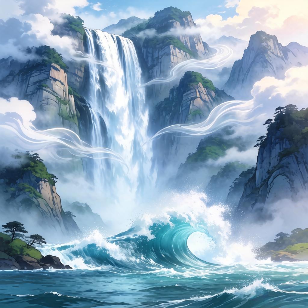 上联：千层高山千层雾
下联：万丈瀑布万丈浪