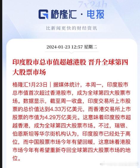 热烈祝贺印度股市总市值超越港股，成为全球第四大股票市场，印度离掉进虚拟经济和泡沫