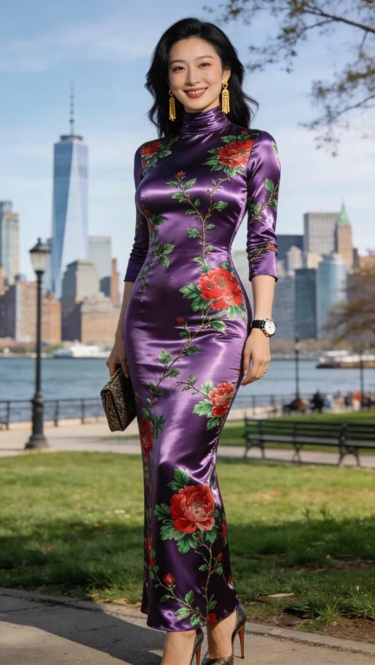 紫色旗袍裙女子国外景点摆拍。旗袍 旗袍裙 紫色旗袍