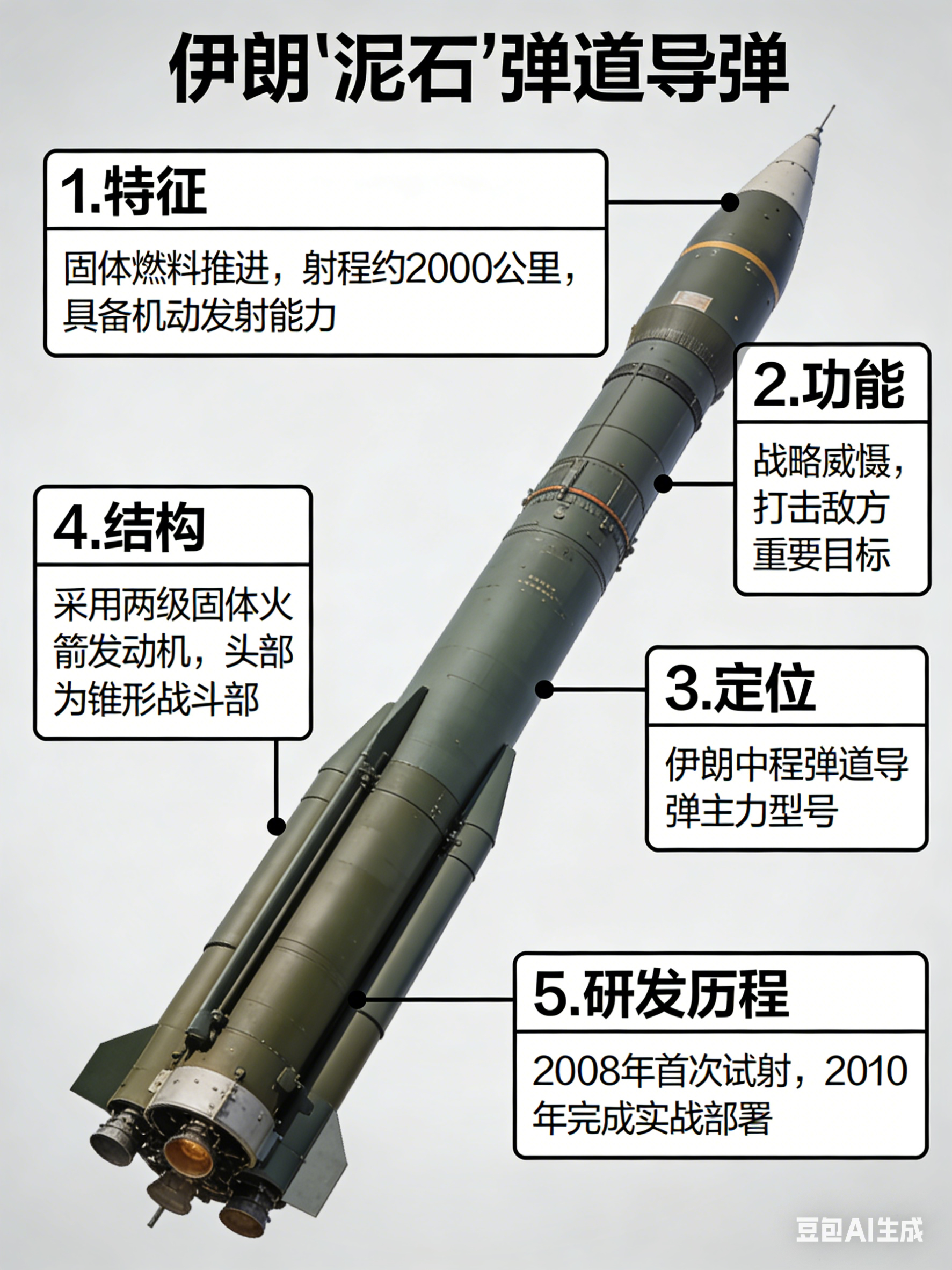 全球武器装备盘点 伊朗"泥石"弹道导弹伊朗自主研发的两级固体燃料中程弹道导弹，伊