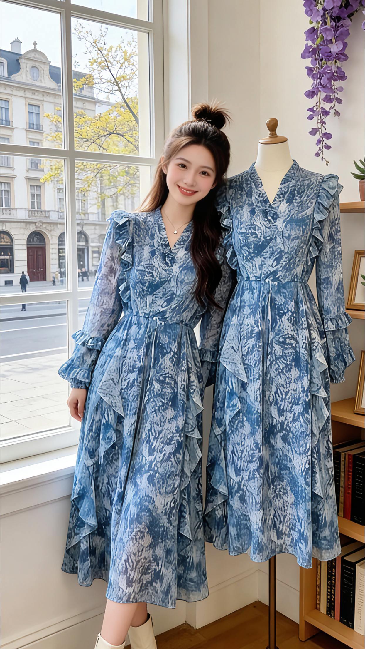 当Danny穿上这件蓝调碎花茶歇裙，仿佛把整个春日的温柔都穿在了身上。V领设计修