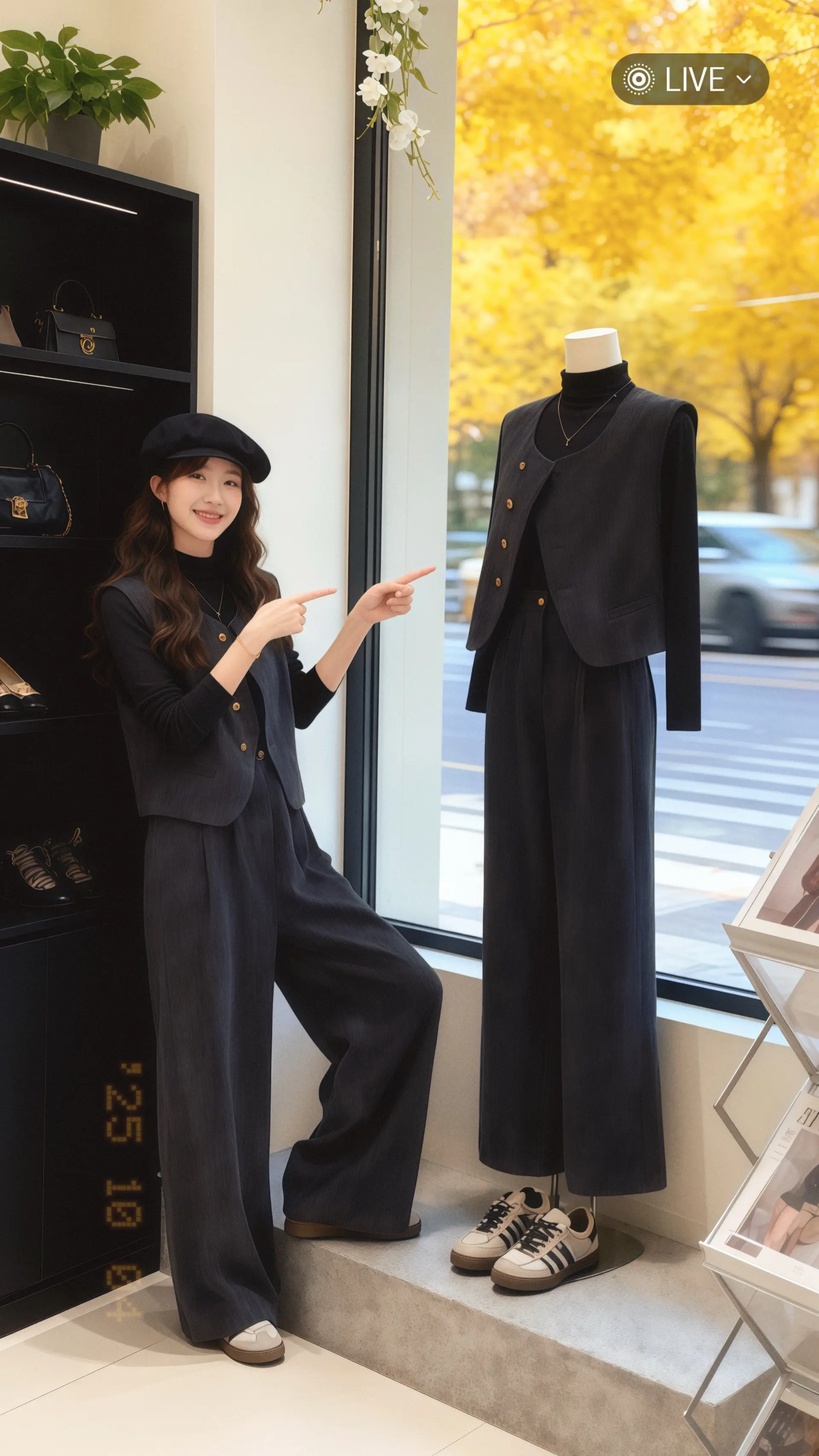 她穿着复古马甲三件套，在秋日午后的高级女装店内，用轻熟风的优雅诉说着时...