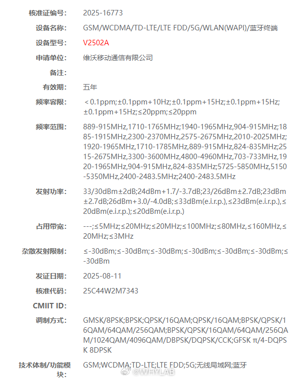 疑似 vivo X300 的两款新机通过了国家无线电核准，型号分别是 V2502