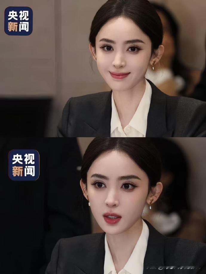 央视镜头里的女明星比影视剧里的还要漂亮，她长着一双大眼睛，五官可以说是那种真正3