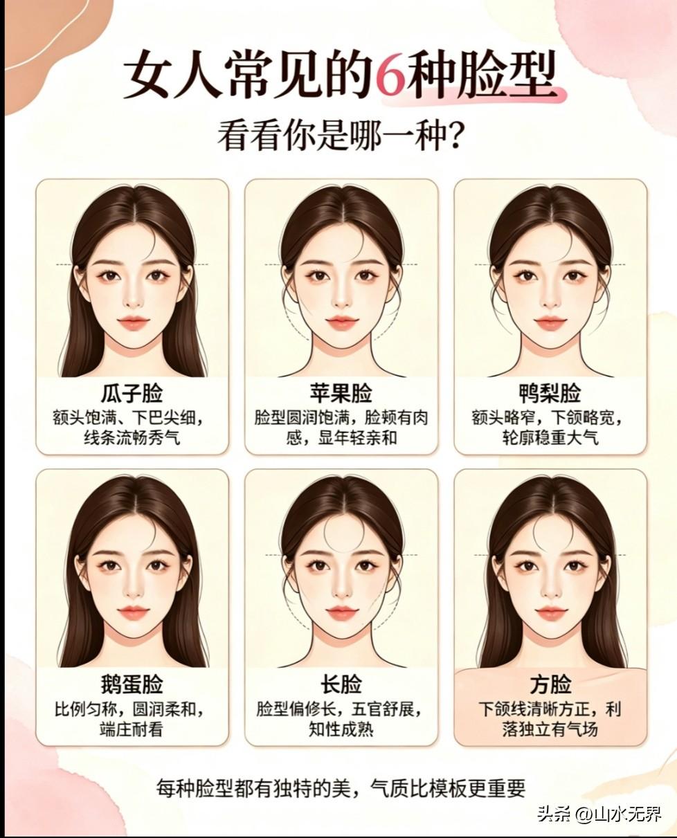 女人常见的6种脸型，看看你是哪一种？
 
很多女人分不清自己是什么脸型！其实生活