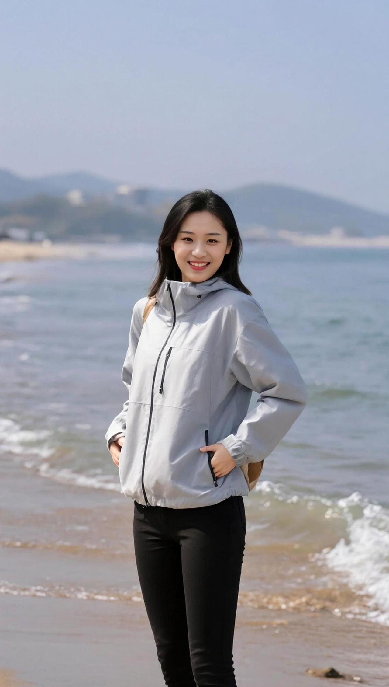 海风轻拂，衣角随风起舞，仿佛与大海有一场未完的对话。远处的浪花拍打着岸边，像是自