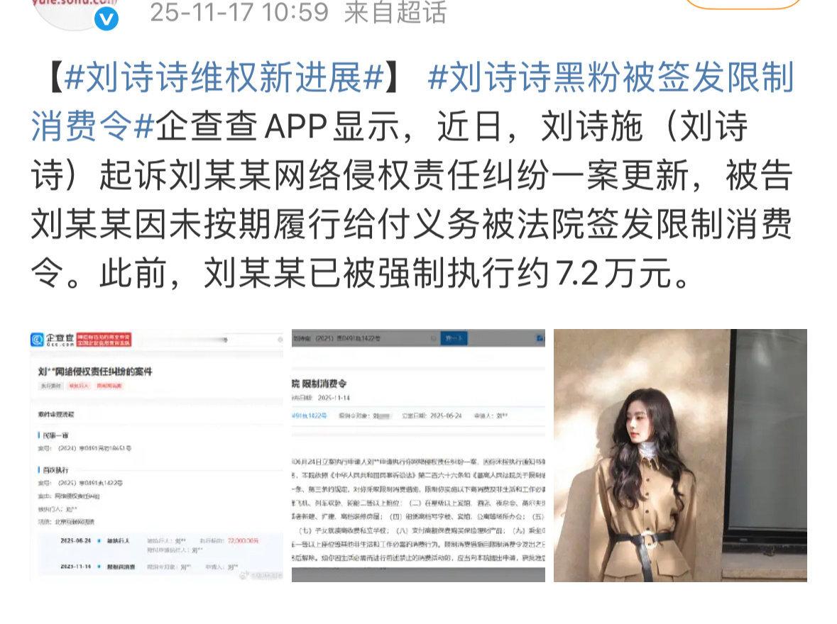已经被强执了7.2w以后还被限消，好奇刘诗诗这个案子判了多少。感觉比之前嘲羊区那
