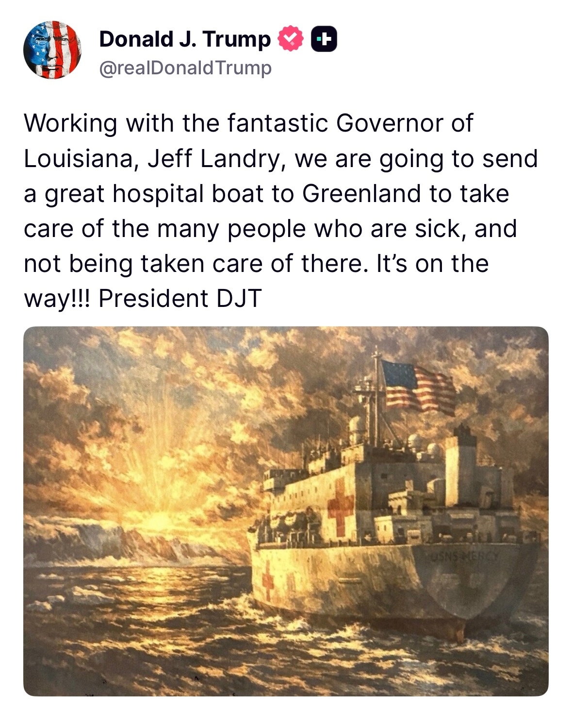 昨夜今晨，美国总统特朗普在社媒发文，宣布美国将向格陵兰岛派出医疗船。以下是特朗普
