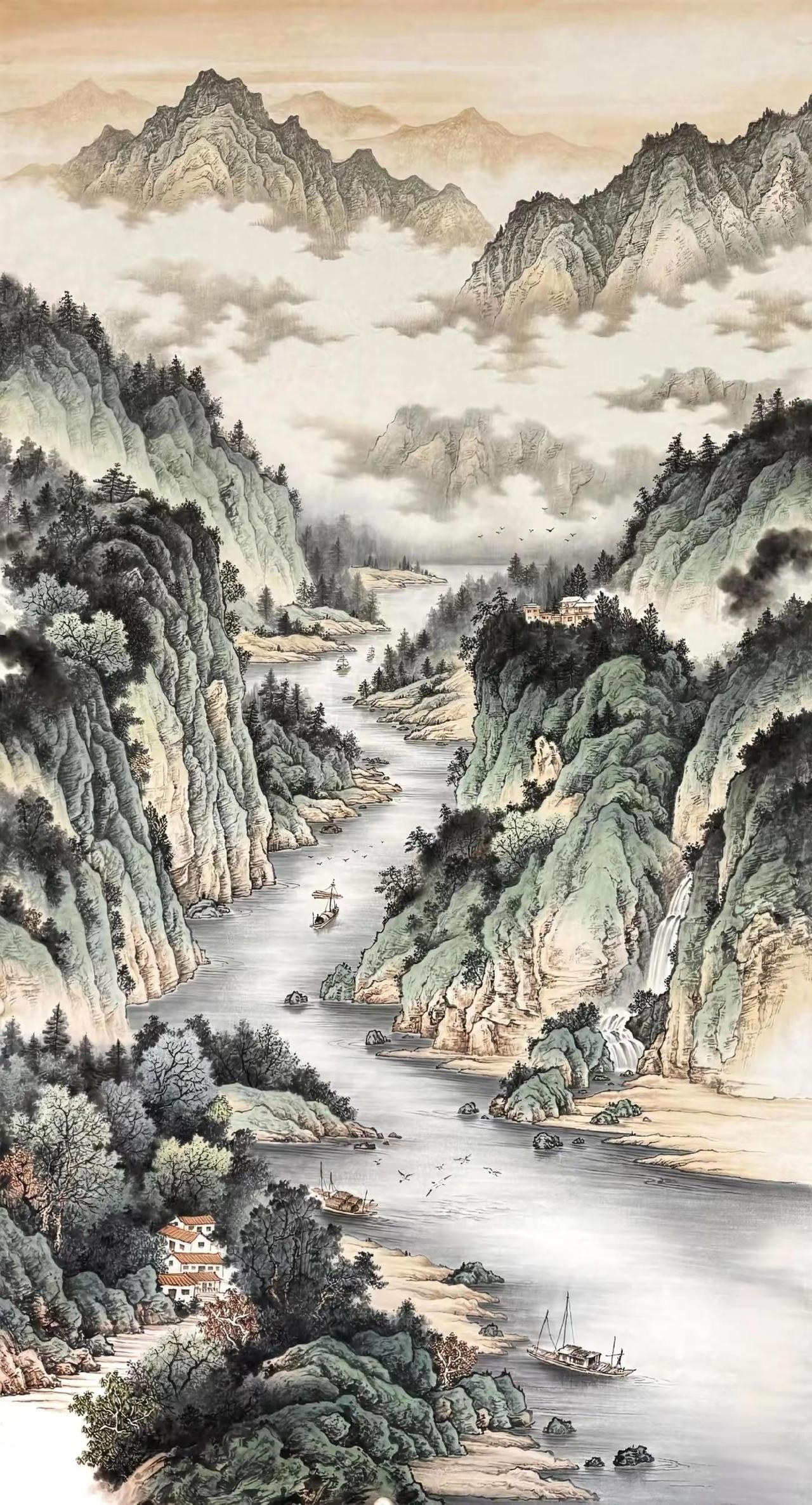 江峡烟云图。手绘国画创作者中心 创作灵感 国画山水 感受国画山水韵味 水墨丹青绘