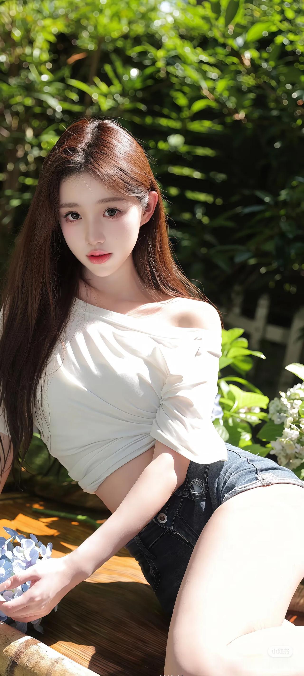 夏日清新穿搭，白色露肩上衣搭配牛仔短裤，阳光下的甜美少女街拍 高清美女