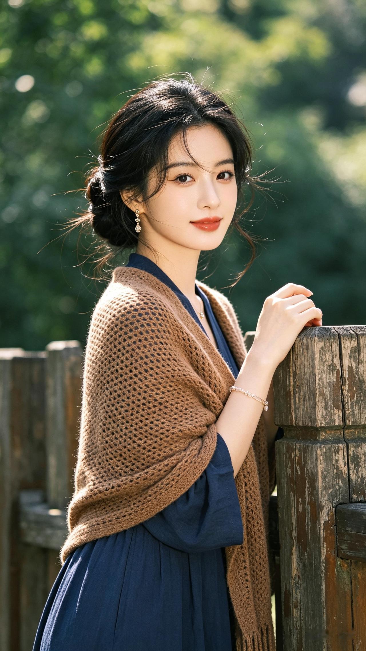 女子盘发立于木围栏旁，深蓝长裙外搭咖色针织披肩，莫兰迪配色雅致。侧光糅合自然光，