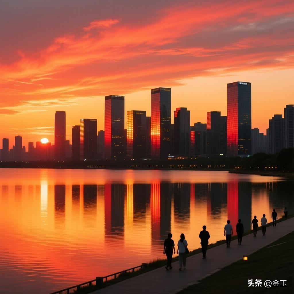 傍晚沿着湖边走了走，晚霞把整个城市染成了温柔的橘红色，风吹过来，一天的疲惫都散了