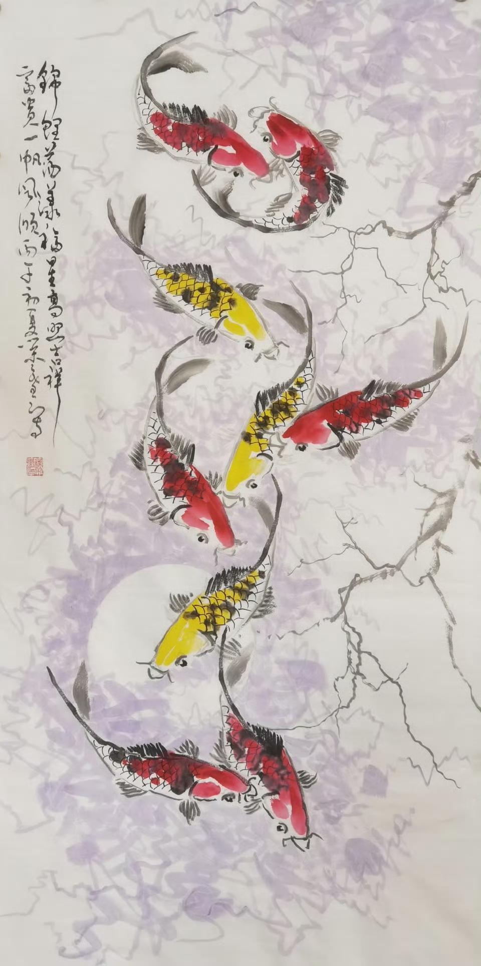 程荣基的这幅绘画作品，寓意真不错，锦鲤在水中游，喻示着吉祥富贵，一帆风顺，福星高
