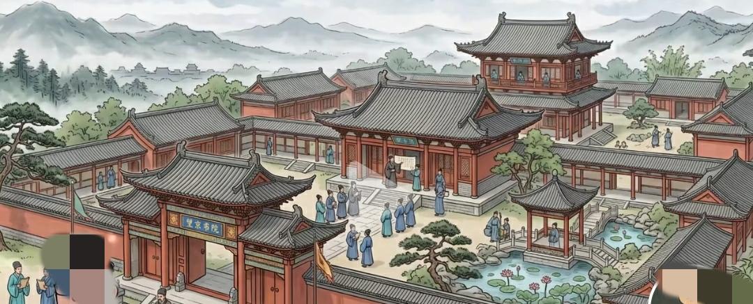 看看古代的书院，就是一个四合院的布局，但是他在四合院里扩大，加入亭台楼阁。