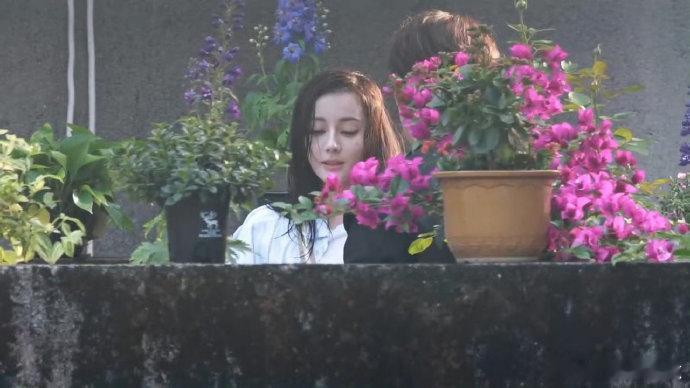 欣赏迪丽热巴剧组拍摄中聂九罗，湿发盆栽花做前景真的好美！[憧憬] ​​​