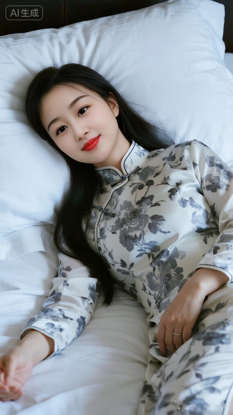 圆脸微胖美女，黑长发，着紧身白地青花真丝旗袍，气质高雅高贵，躺卧浅眠，唇角微扬，