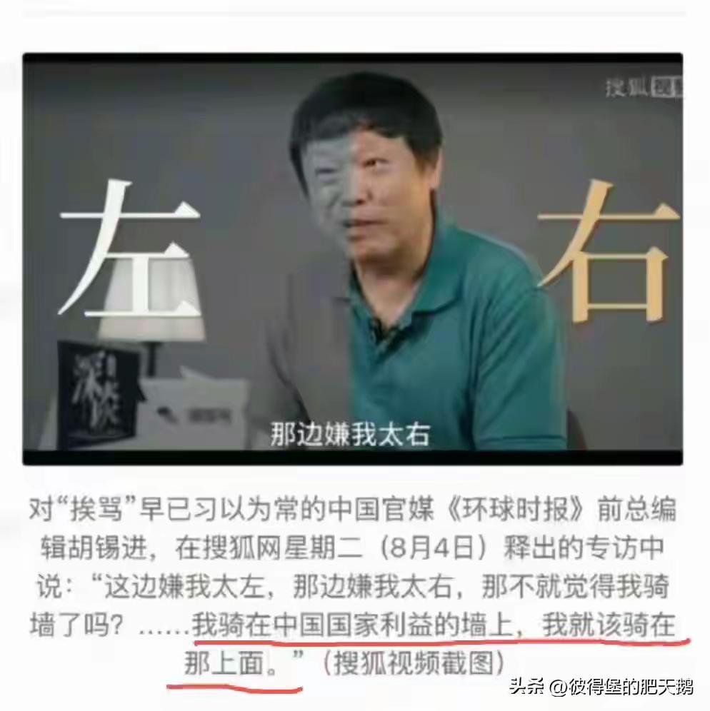 胡锡进将国家利益当成墙，将自己的凌驾于国家利益之上，他才说出他骑在国家利益的墙上