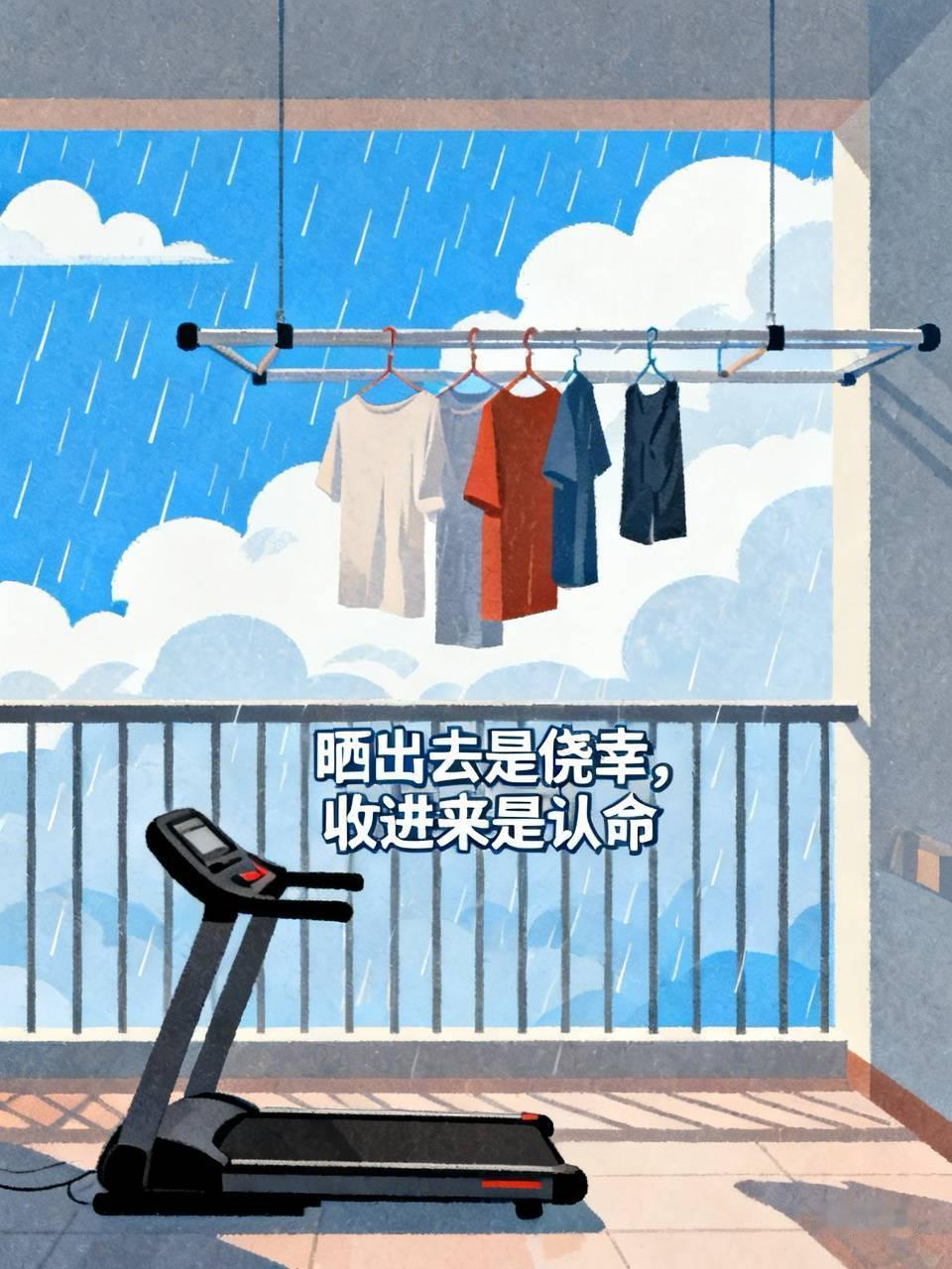 阳台晾衣杆上那件白T恤，今早第六次被我拽下来。

老天爷存心跟我较劲——我刚收进
