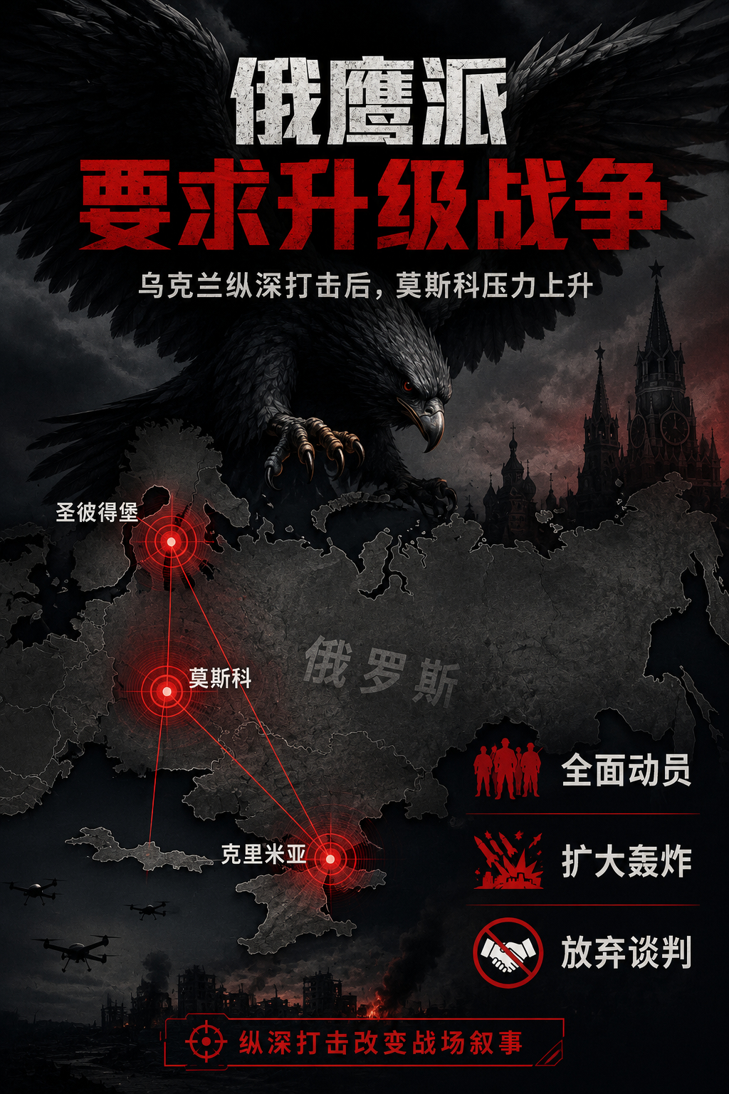 乌克兰无人机打到莫斯科、圣彼得堡和克里米亚之后，俄罗斯国内鹰派开始坐不住了。据路