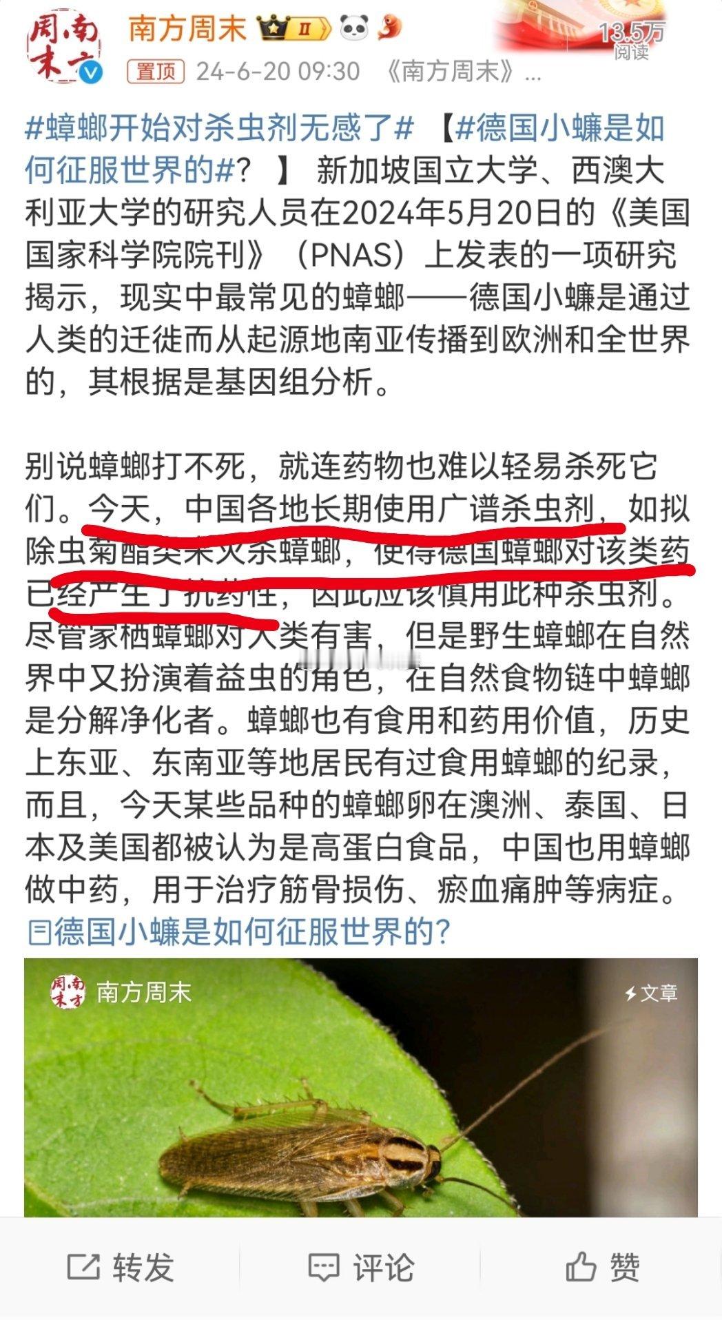 #蟑螂开始对杀虫剂无感了#“今天，中国各地长期使用广谱杀虫剂，如拟除虫菊酯类来灭
