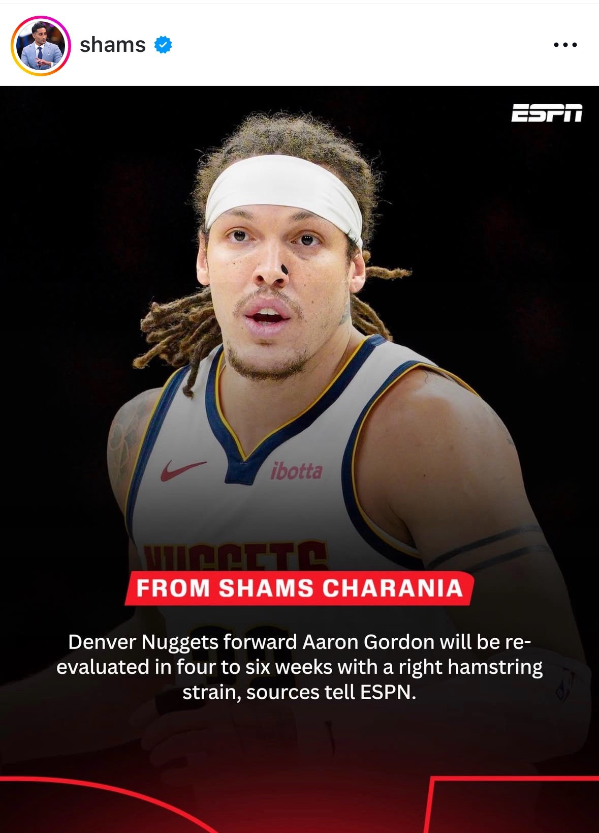 掘金戈登将因右腿筋拉伤在四到六周后接受复查。戈登此前在11月底遭遇的腿筋伤势复发