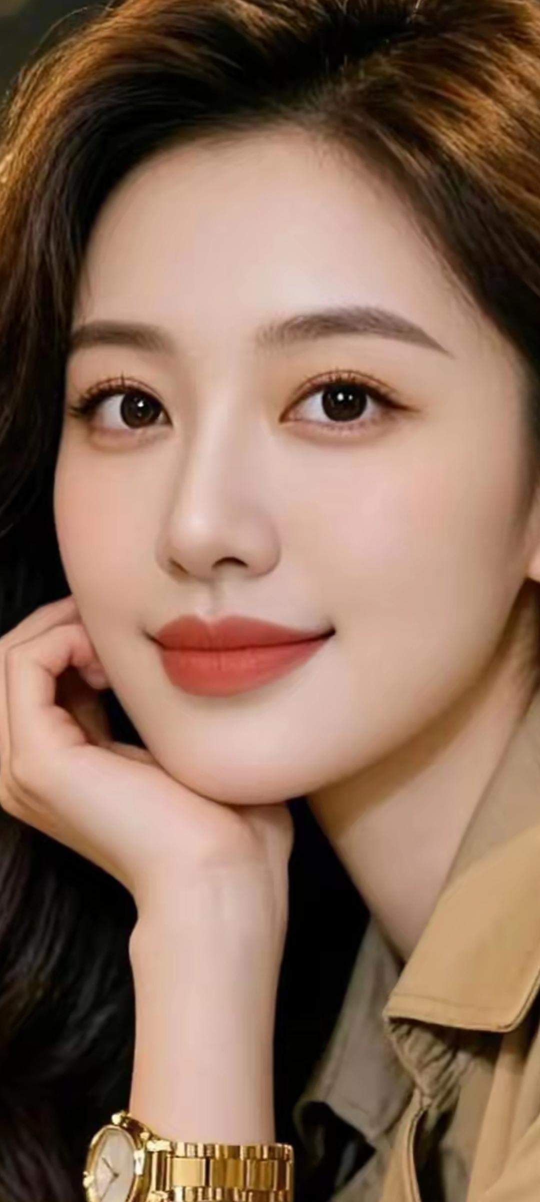 温柔甜美的微笑，金表闪耀，时尚优雅。