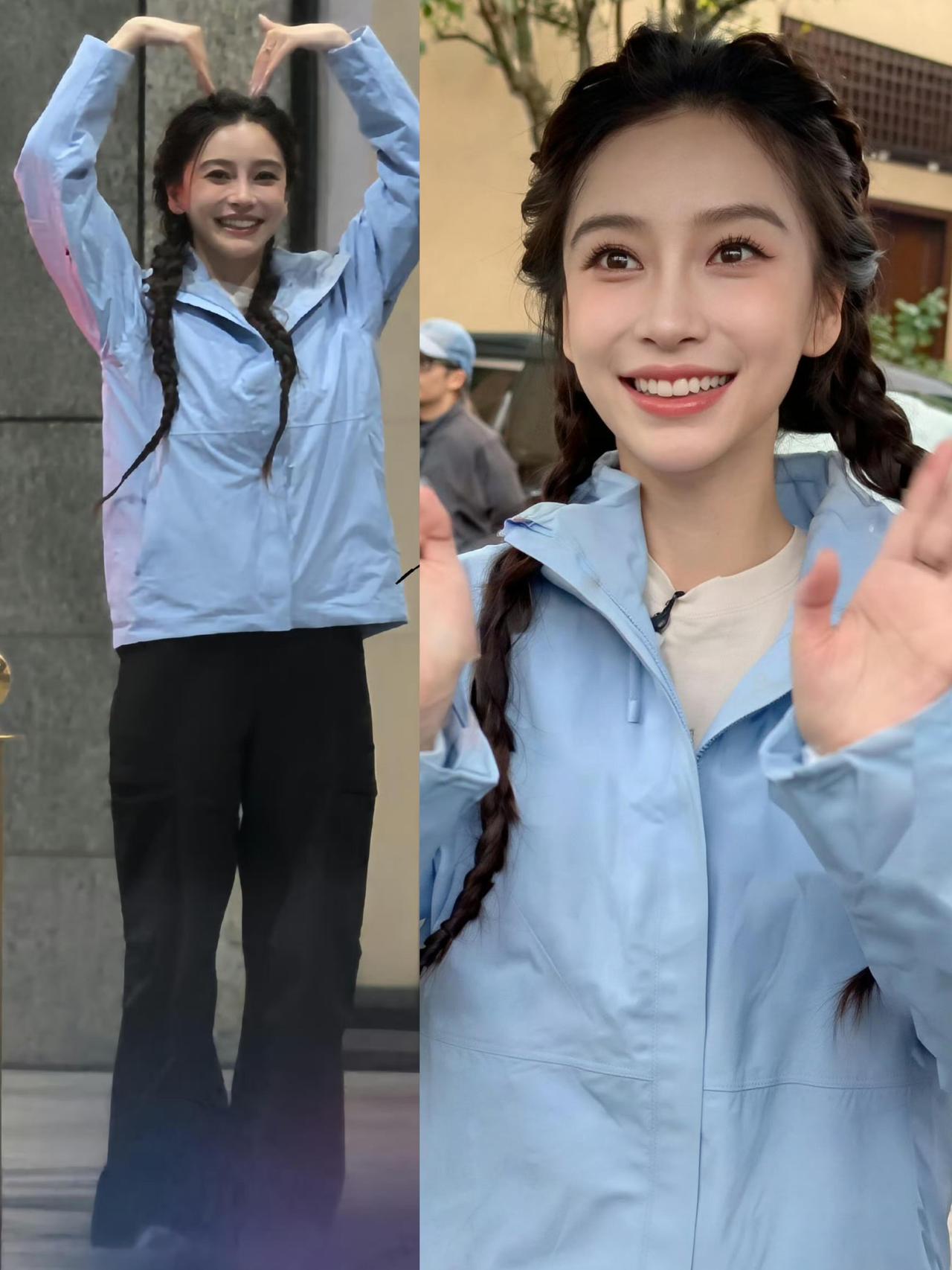 Angelababy怼脸拍也很美！一身浅蓝冲锋衣元气登场，搭配清爽白色内搭与黑色