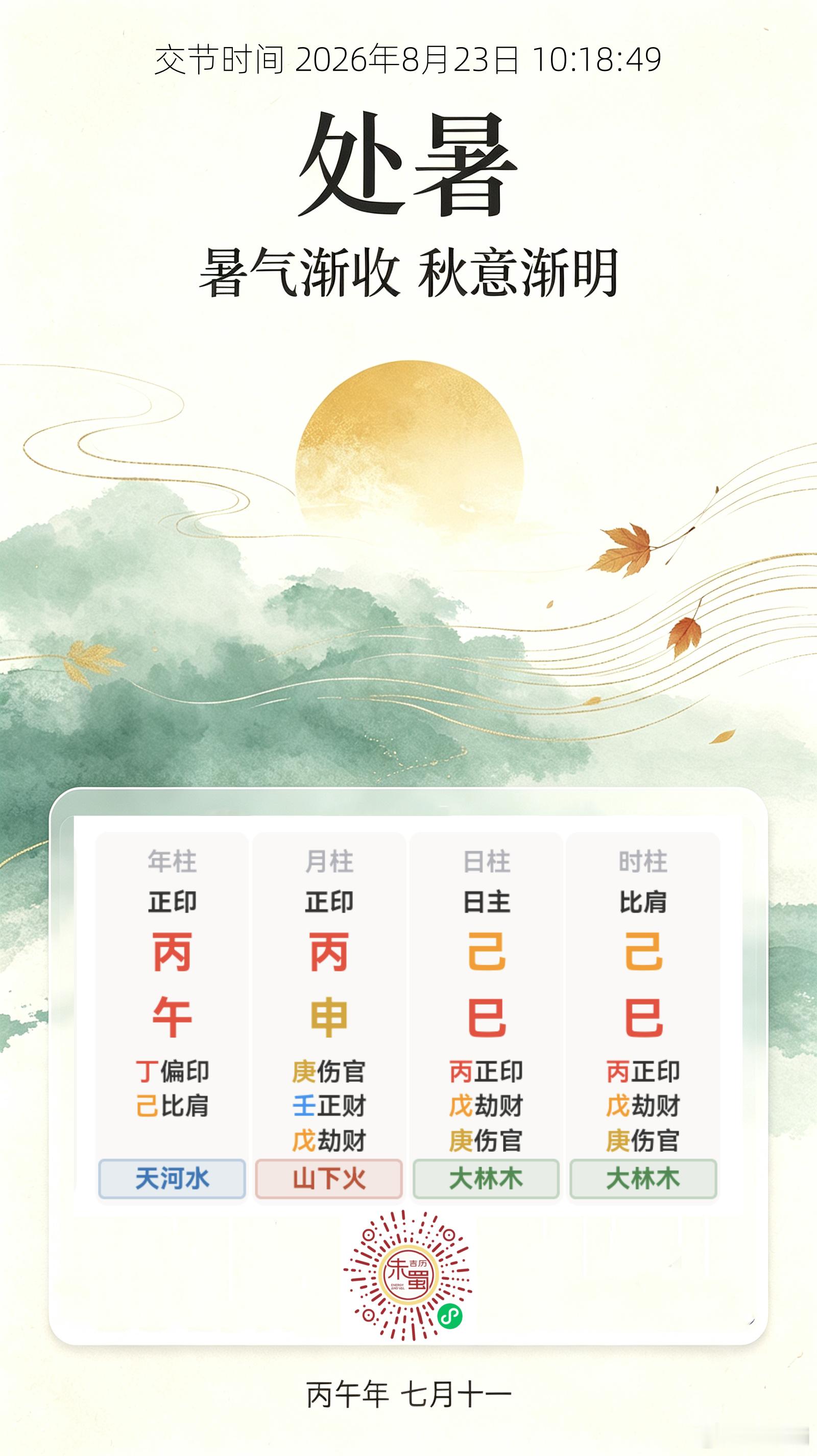 处暑已至，暑气渐收，天地间阳气开始收敛，金气慢慢升腾。从火土旺相到金水渐生，下周