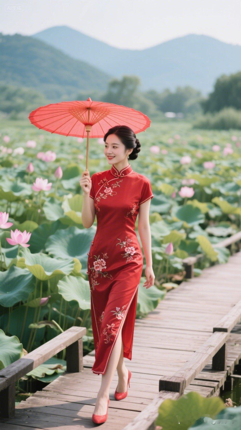 红衣美人撑伞漫步荷塘，尽显东方古典韵味。