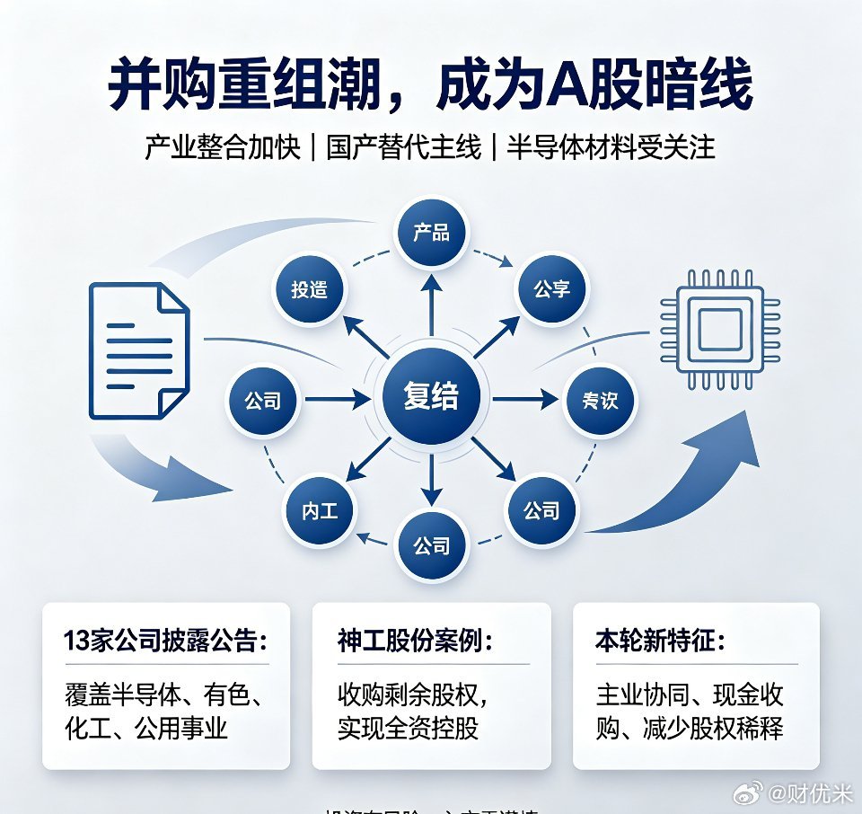 🔥A股暗线：并购重组潮悄然来袭上周共计13家上市公司披露并购重组公告，覆盖半导