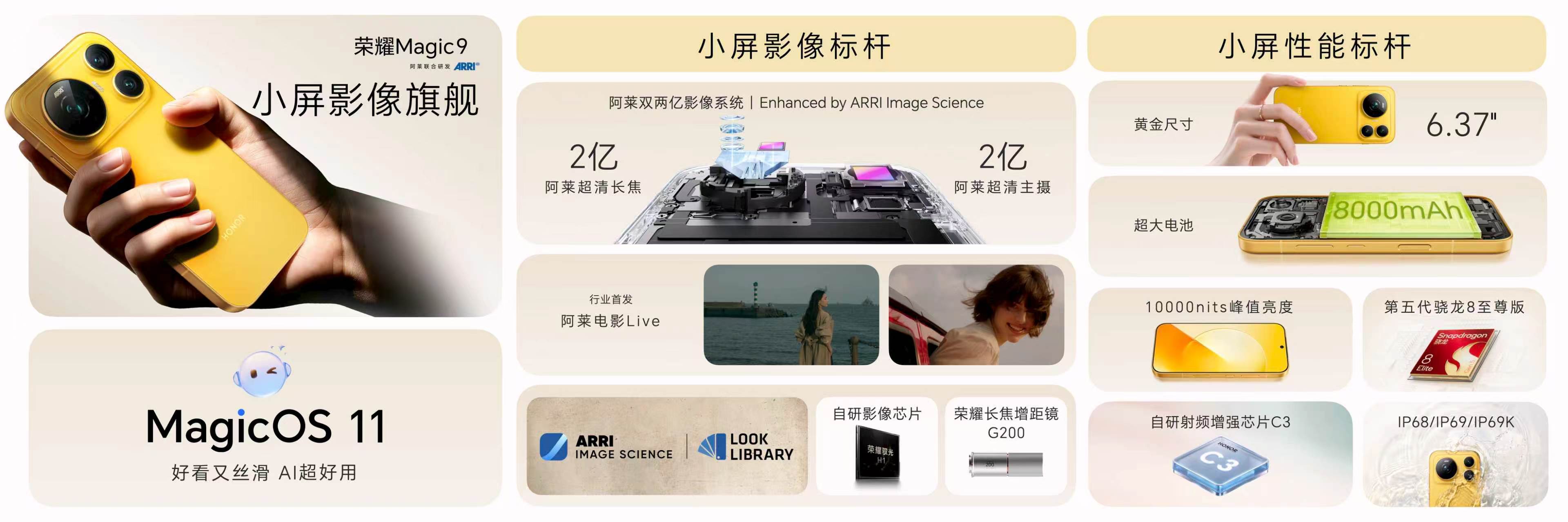 荣耀Magic9小屏影像旗舰，搭载阿莱双2亿影像系统首发阿莱电影Live，支持电