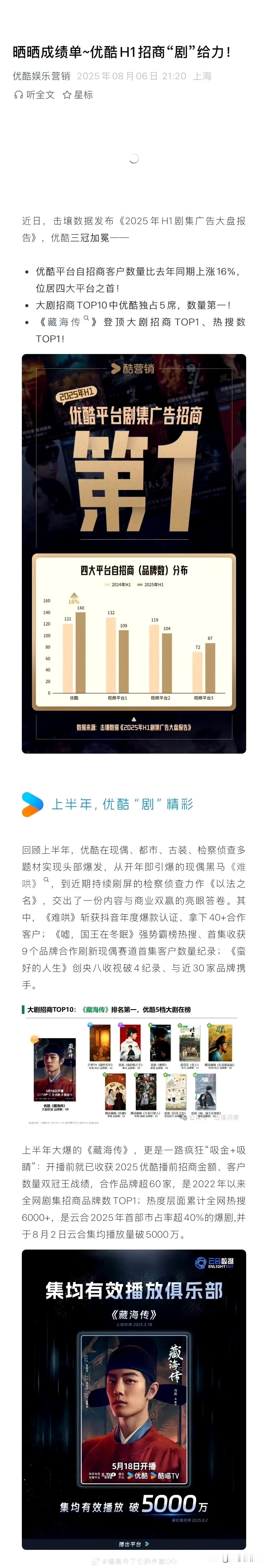 《藏海传》被拉踩得太过严重了，优酷和央视都亲自发文，这可是官方认证的。优酷招商情