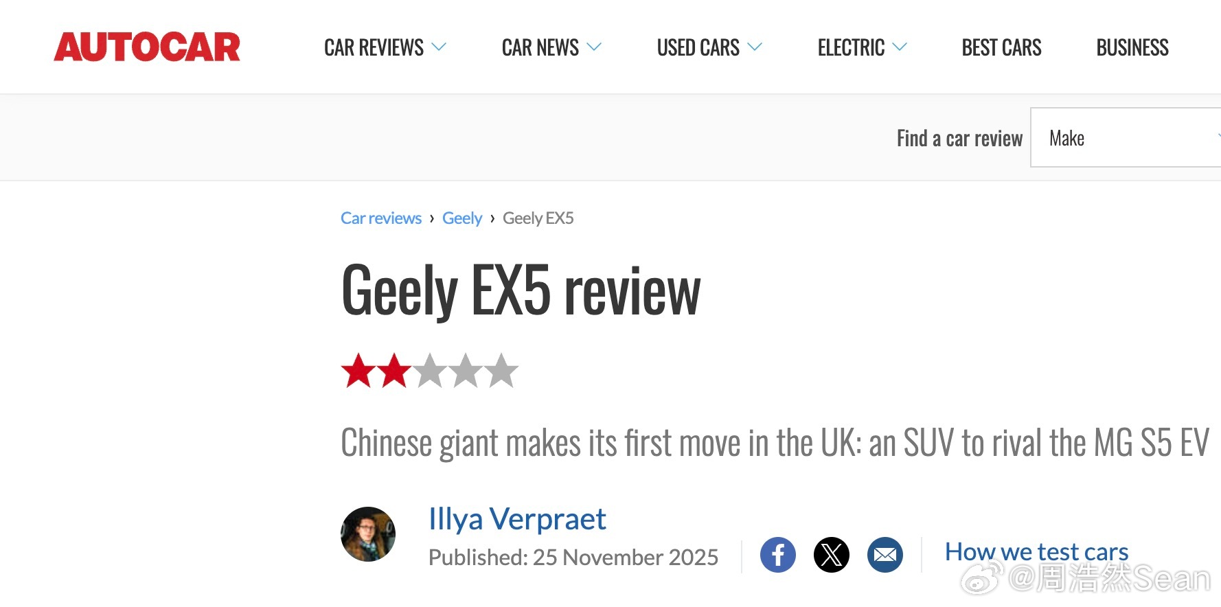 从Autocar的吉利EX5评测到最近Jeremy Clarkson对比亚迪海豹