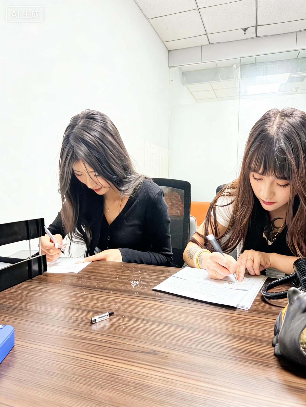 俩美女低头狂写，这是签了什么神秘协议？