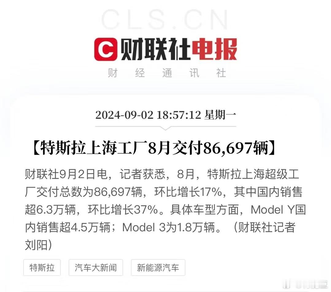 9月2日周一，中国乘联会数据显示，特斯拉8月交付86697辆，  昨天看到一个博