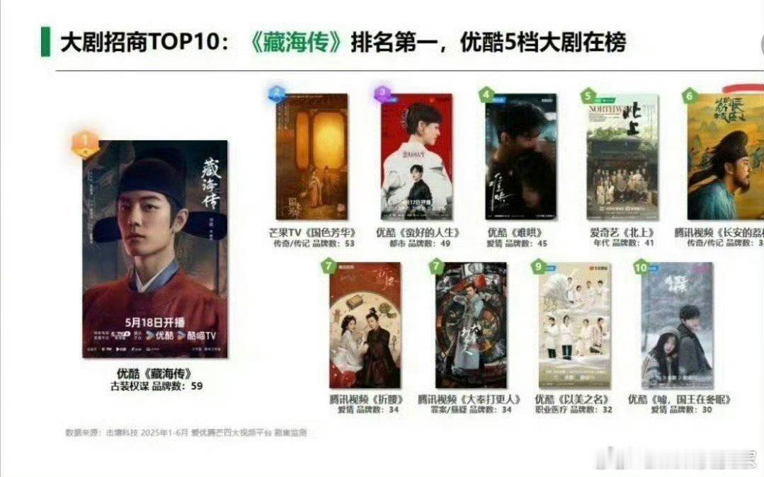今年大剧招商TOP10，分别是：肖战《藏海传》、杨紫《国色芳华》、孙俪《蛮好的人