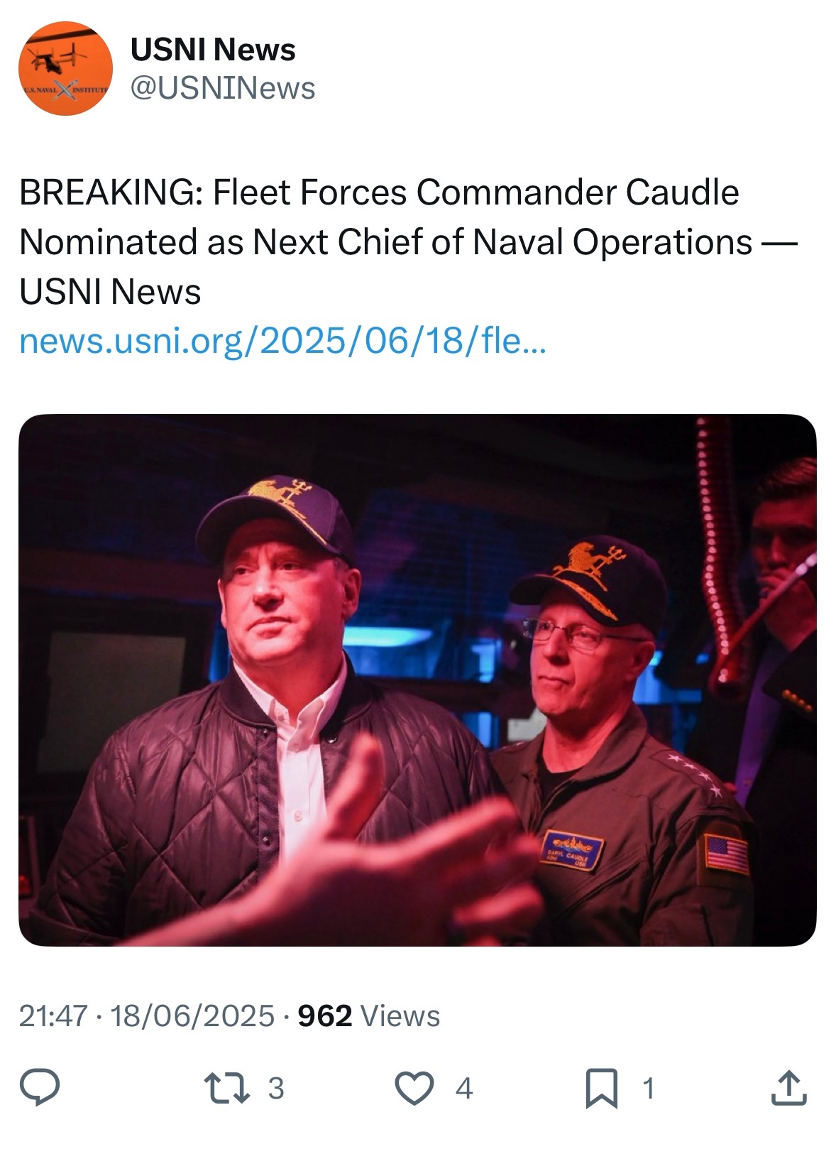 中外舰闻[超话] 海军舰队指挥官出身的Caudle被提名为帝国🇺🇸海军的下一