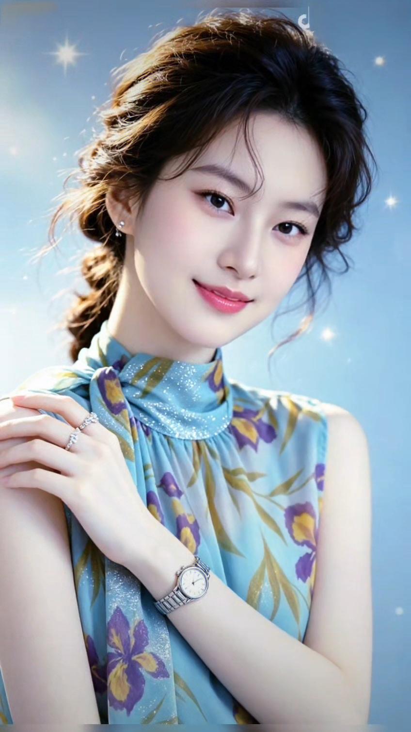 温柔甜美的少女，蓝色花卉连衣裙，闪耀的耳环和手表，散发着优雅与魅力。